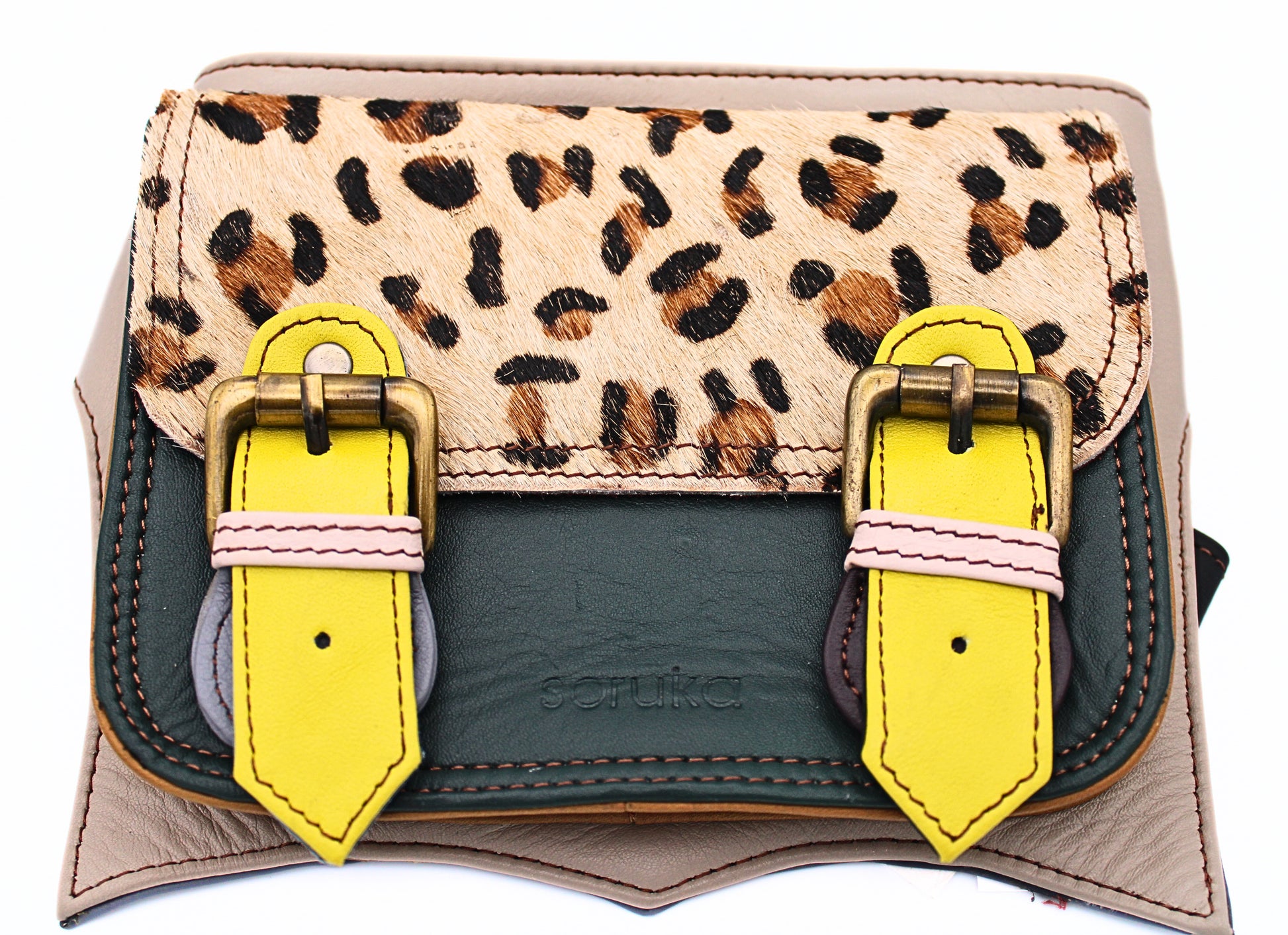 Close up view of Alexis Print Belly Bag in Animal Print and Green Leather