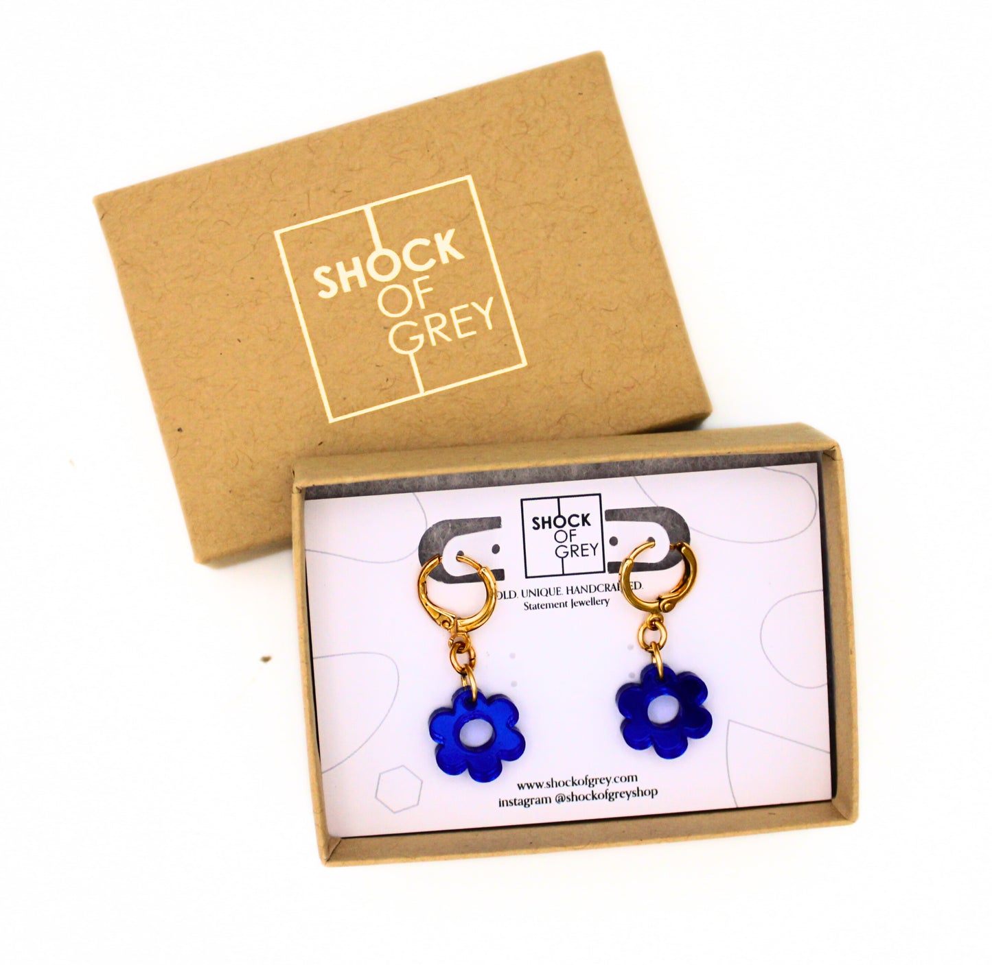 Shock of Grey Daisy Mini Hoop Earrings in Acrylic Blue with Gift Box