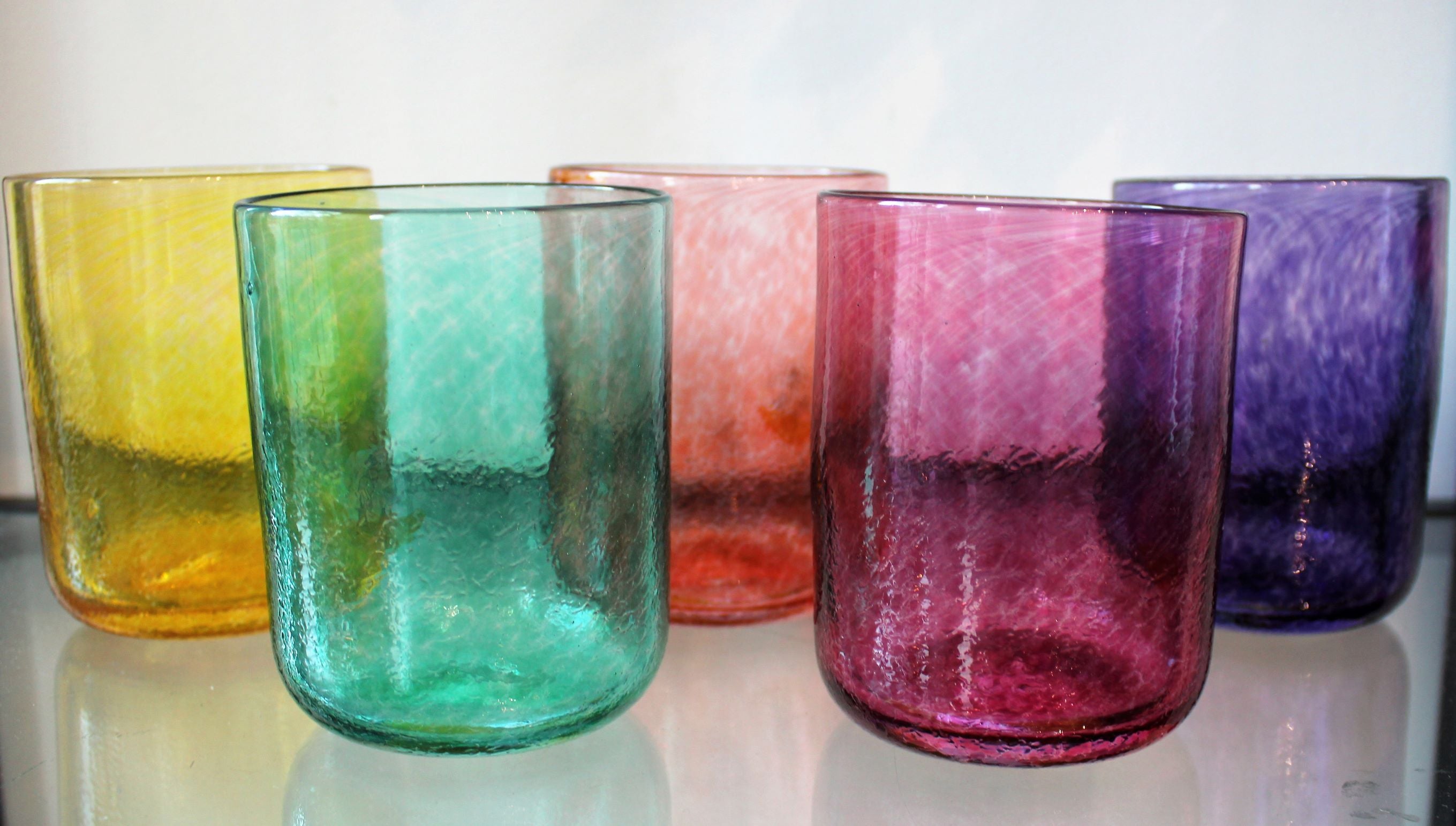 Collection of Jerpoint Rainbow Beakers in Yellow, Green, Orange, Pink and Purple