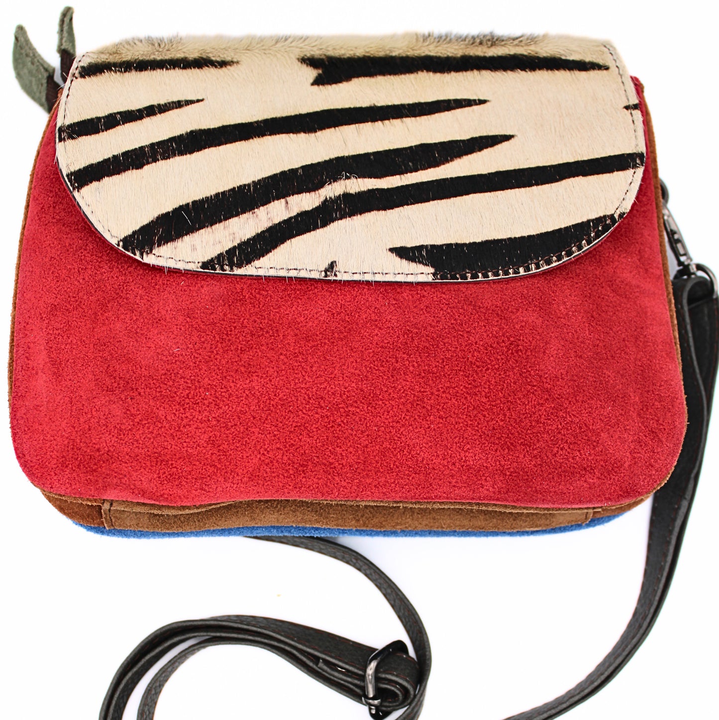 Red suede finish of Leo Reversible Flap Bag