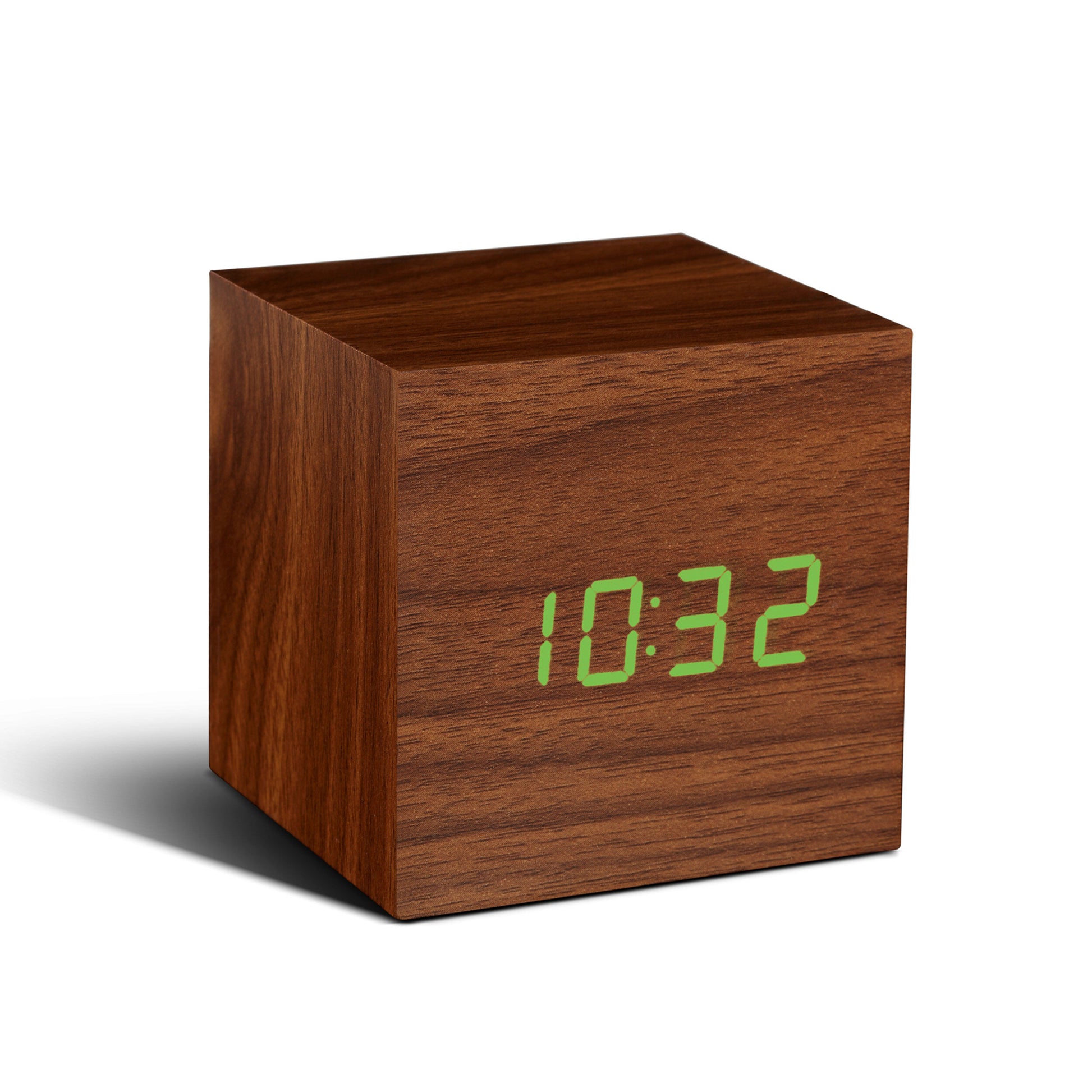 Cube Click Clock in Walnut Finish with Green Digits