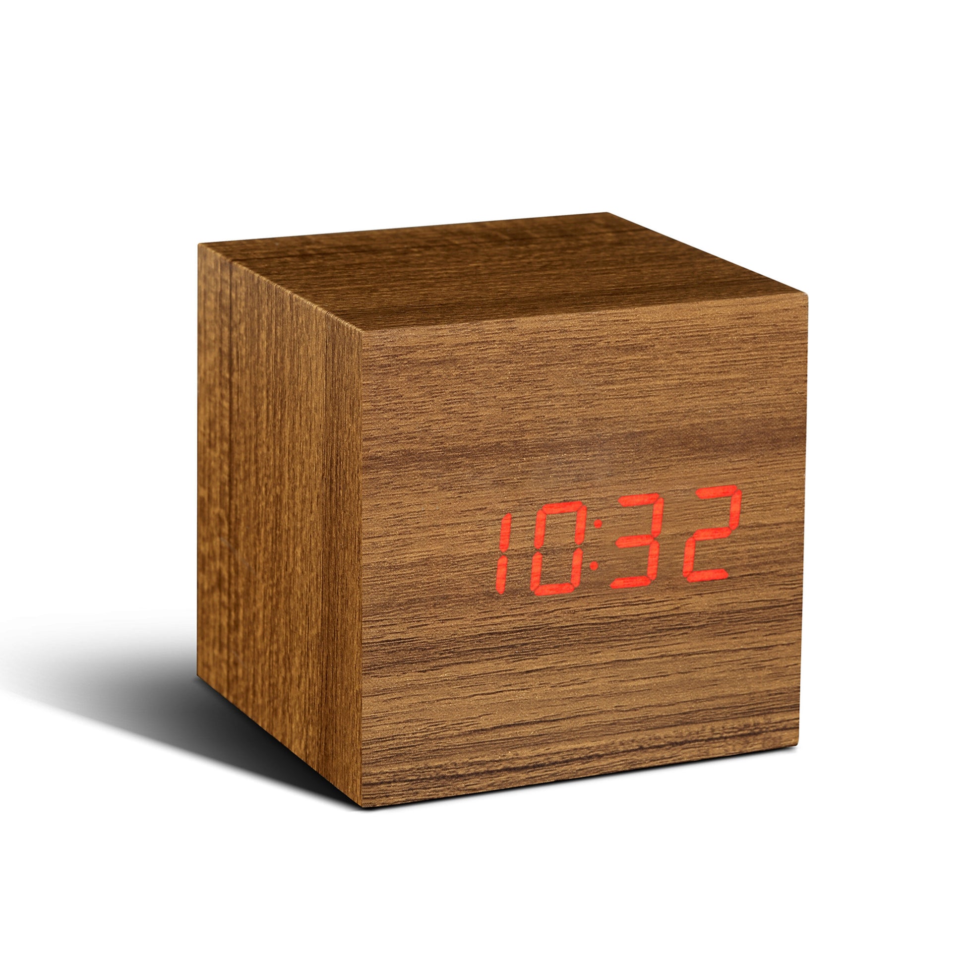 Cube Click Clock in Walnut Finish with Red Digits